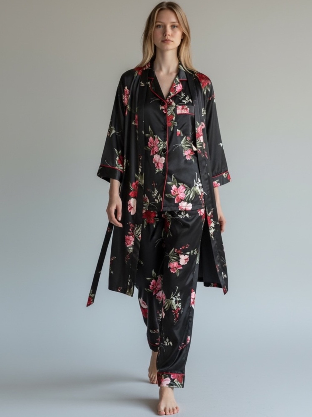 Black Satin Floral Three-Piece Pajama Set with Pink & Red Flowers size Sm